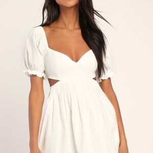Lulus Love The Feeling White Puff Sleeve Lace-up Cutout Mini Dress - Size S